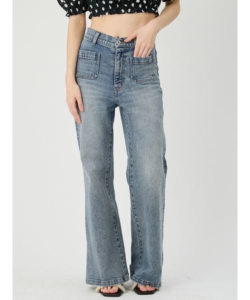 パンツ ストレッチセミフレアデニムパンツ レディースの画像