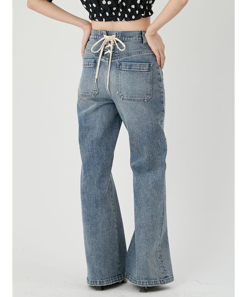 パンツ ストレッチセミフレアデニムパンツ レディースの画像