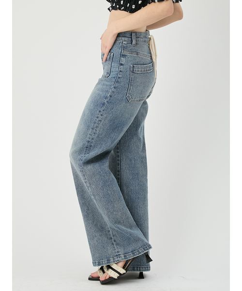 パンツ ストレッチセミフレアデニムパンツ レディースの画像