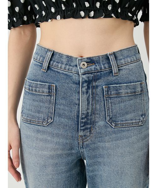 パンツ ストレッチセミフレアデニムパンツ レディースの画像