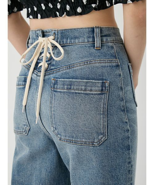 パンツ ストレッチセミフレアデニムパンツ レディースの画像