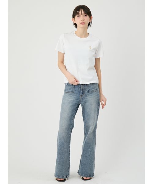 パンツ ストレッチセミフレアデニムパンツ レディースの画像