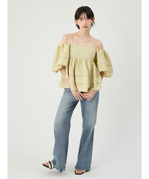 パンツ ストレッチセミフレアデニムパンツ レディースの画像