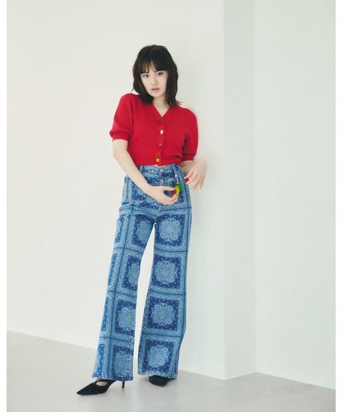 パンツ ストレッチセミフレアデニムパンツ レディースの画像