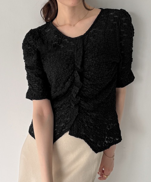 JUNOAH（ジュノア） tシャツ 半袖 フロントギャザーカットレース