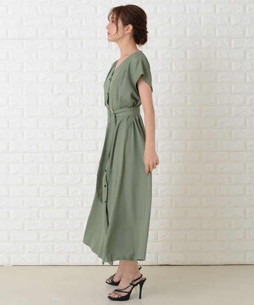 Lace Ladies ワンピース Vネックベルト付き半袖ワンピースドレス  