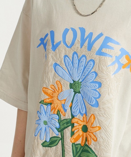 イタリアデザイナー 水色お花レース咲き誇るおめかしTシャツ Ressaca（レサーカ） tシャツ オーバーサイズ フラワー発泡プリントT