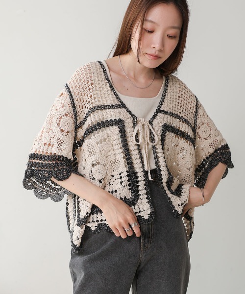 カーディガン 「大人気クロシェシリーズ」クロシェ半袖カーディガン レディース BAB カーディガン 「大人気クロシェシリーズ」クロシェ半袖