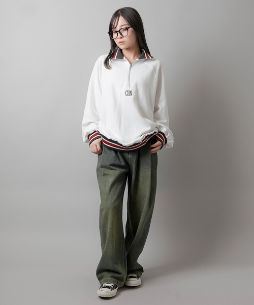 トレーナー スウェット line half zip レディース SPINNS トレーナー スウェット ワンポイント刺繍ラインリブ
