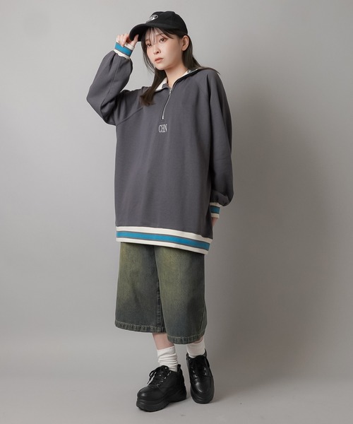 SPINNS トレーナー スウェット ワンポイント刺繍ラインリブ