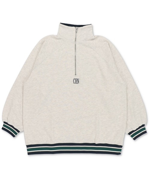 トレーナー スウェット line half zip レディース SPINNS トレーナー スウェット ワンポイント刺繍ラインリブ