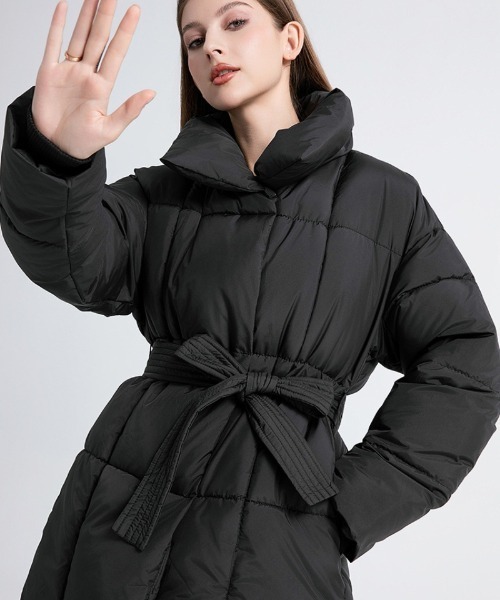 ウエストベルト付きブラックダウンジャケット ダウンコート ダウンジャケット ウエストベルト エコダウンジャケット