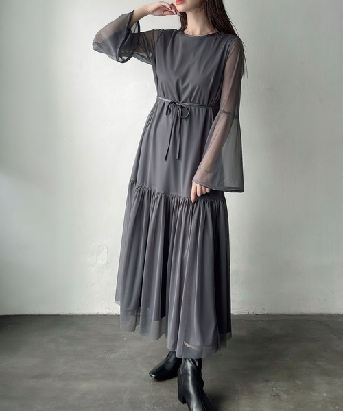 ★ChicLine★ アベルノ フレアスリーブワンピース Meiru ワンピース チュールフレアスリーブワンピース : ZOZOTOWN