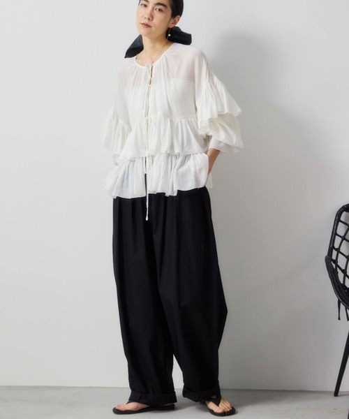 ブラウス シャツ ベルト付楊柳ブラウス / 1215210700 レディース BELLUNA PLUS ブラウス シャツ モチーフレース使い楊柳ブラウス