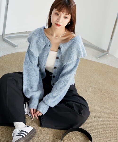 「PUBLUX」 ニットカーディガン フリ- ブルー レディース_画像9