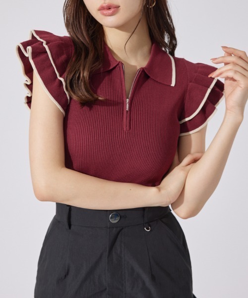 ポロシャツ ポロ ハーフジップフリルショルダーニットトップス 半袖 夏服 ノースリーブトップス サマーニット レディース
