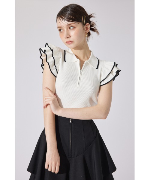 ★美品★ PRADA トップス　ポロシャツ　半袖　フリル　ハーフジップ　ロゴ　綿 rienda（リエンダ） ポロシャツ ポロ ハーフジップフリルショルダー