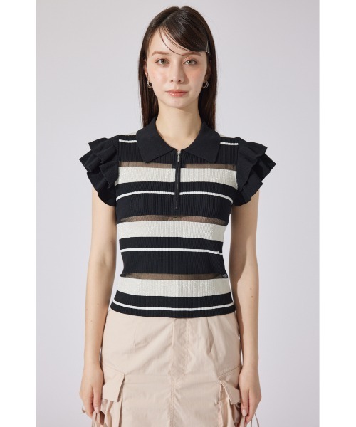 ★美品★ PRADA トップス　ポロシャツ　半袖　フリル　ハーフジップ　ロゴ　綿 rienda（リエンダ） ポロシャツ ポロ ハーフジップフリルショルダー