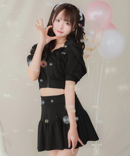 JILTU ジルチュ フリルフーディパーカー ブラック PriCHOU パーカー Short Zip Frill Hoodie/ショートジップフリル
