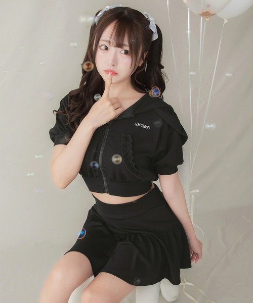 hugi zozo フリルフーディー　ガーリー PriCHOU パーカー Short Zip Frill Hoodie/ショートジップフリル