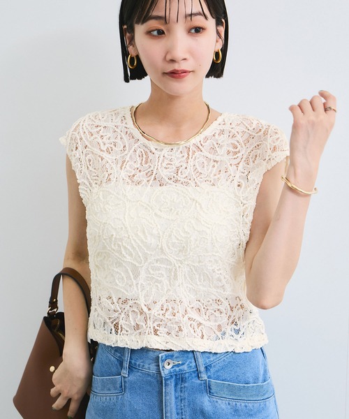 tシャツ コードレースシアーノースリーブプルオーバー レディース