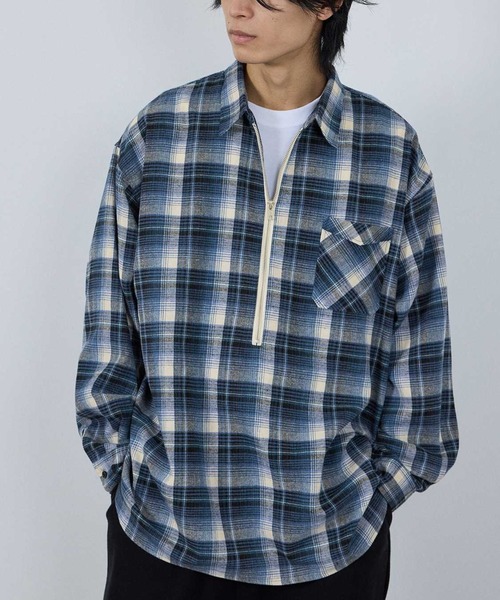 NAVY シャツ ハーフZIPオンブレチェックネルシャツ メンズ レディース