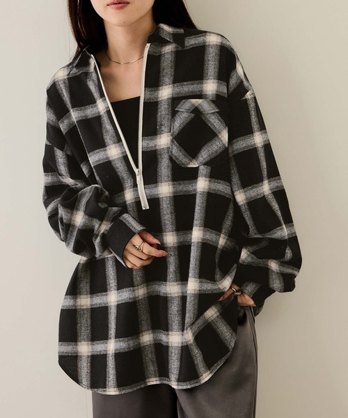 NAVY シャツ ハーフZIPオンブレチェックネルシャツ メンズ レディース