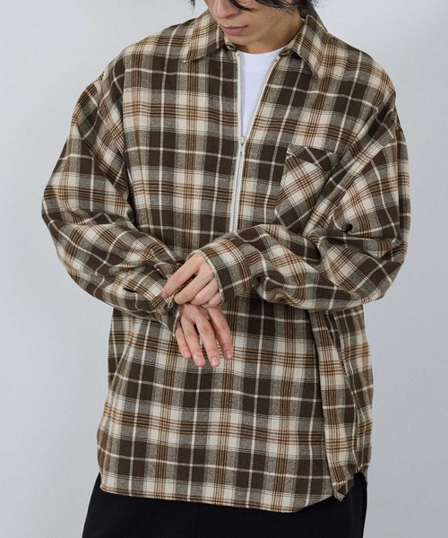 NAVY シャツ ハーフZIPオンブレチェックネルシャツ メンズ レディース