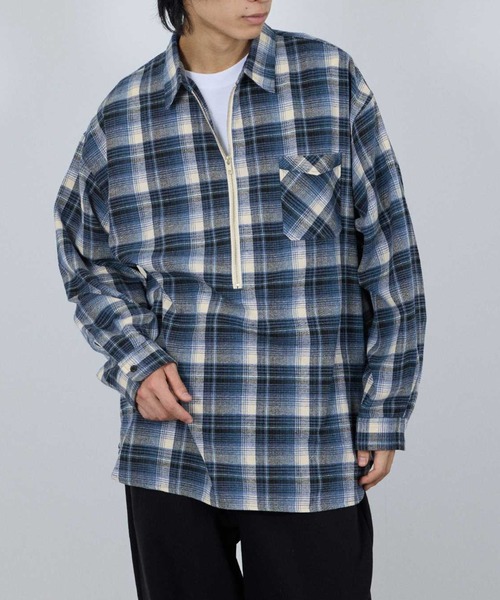 NAVY シャツ ハーフZIPオンブレチェックネルシャツ メンズ レディース