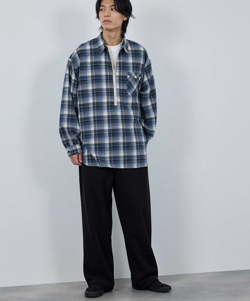 NAVY シャツ ハーフZIPオンブレチェックネルシャツ メンズ レディース