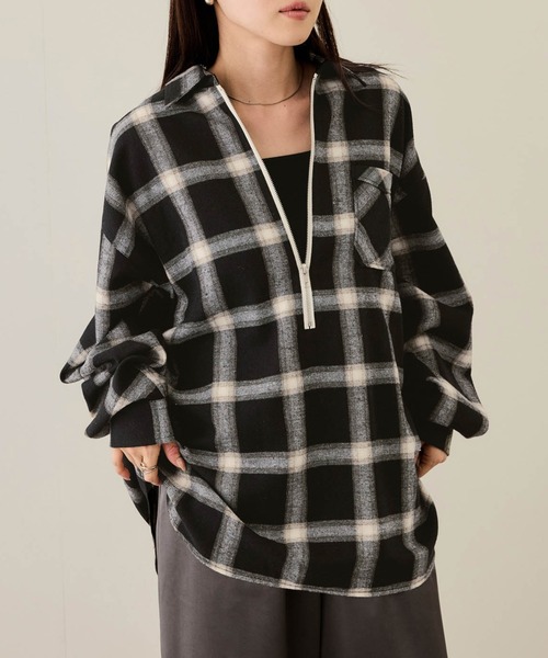 NAVY シャツ ハーフZIPオンブレチェックネルシャツ メンズ レディース