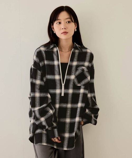 NAVY シャツ ハーフZIPオンブレチェックネルシャツ メンズ レディース