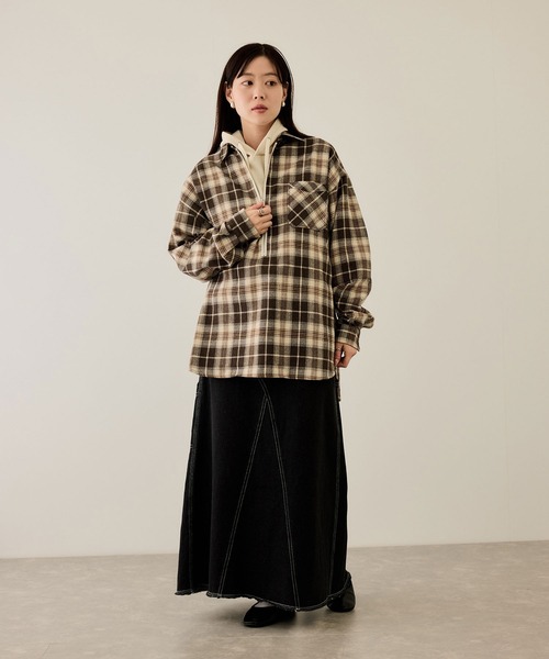 NAVY シャツ ハーフZIPオンブレチェックネルシャツ メンズ レディース