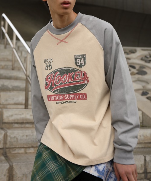 tシャツ HOOK -original- アメカジ古着風ロゴプリントラグランスリーブ
