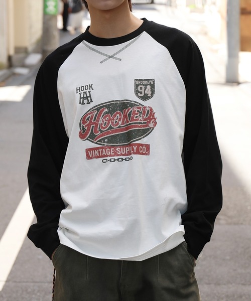 tシャツ HOOK -original- アメカジ古着風ロゴプリントラグランスリーブ