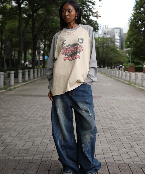 tシャツ HOOK -original- アメカジ古着風ロゴプリントラグランスリーブ