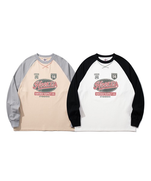 tシャツ HOOK -original- アメカジ古着風ロゴプリントラグランスリーブ