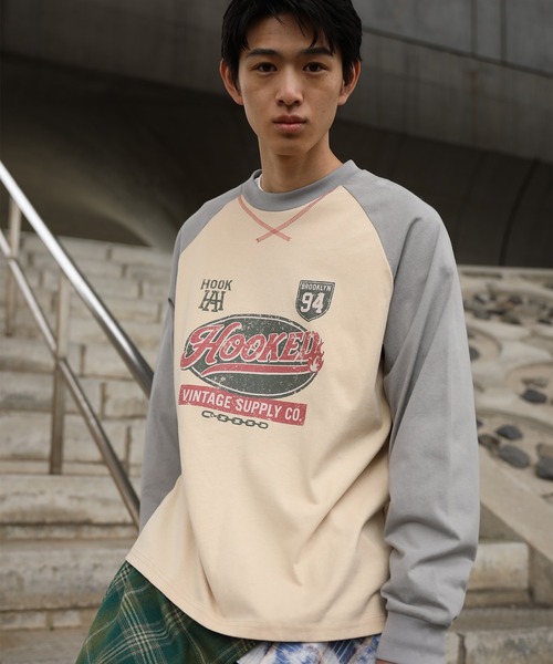 tシャツ HOOK -original- アメカジ古着風ロゴプリントラグランスリーブ