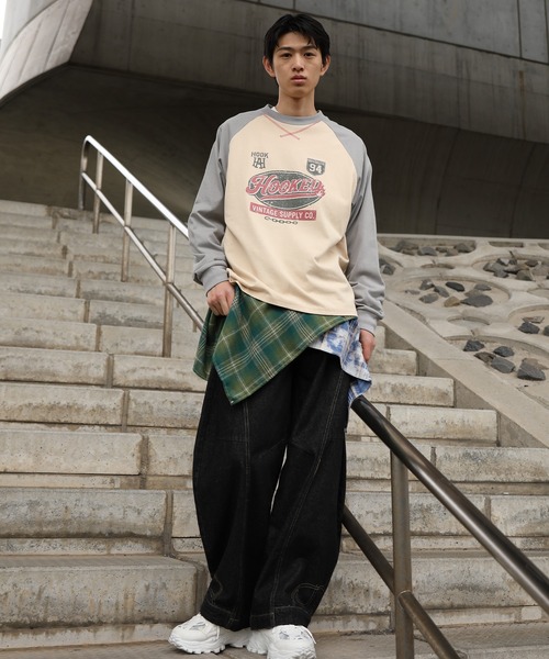 tシャツ HOOK -original- アメカジ古着風ロゴプリントラグランスリーブ