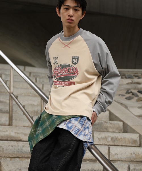 tシャツ HOOK -original- アメカジ古着風ロゴプリントラグランスリーブ