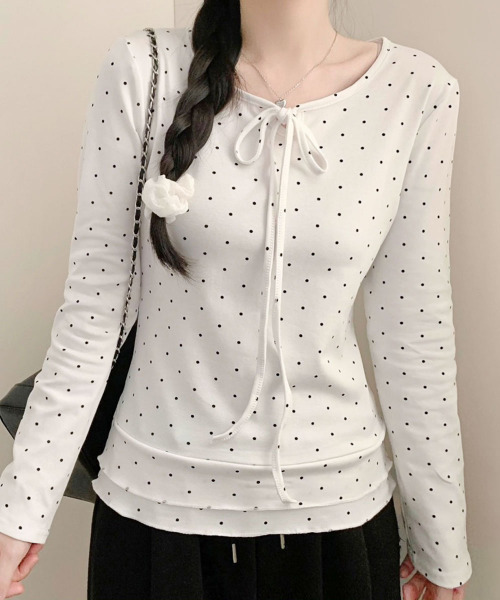 tシャツ ドット柄 リボン カットソー ロングT レディース : ZOZOTOWN