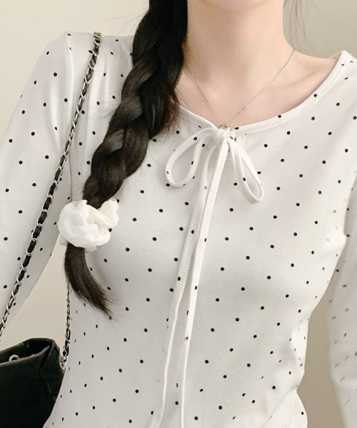 ドット バックプリーツリボンカットソー tシャツ ドット柄 リボン カットソー ロングT レディース : ZOZOTOWN