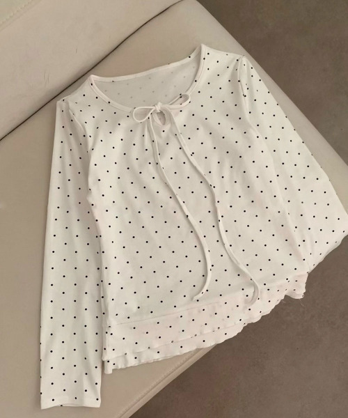 ドット バックプリーツリボンカットソー tシャツ ドット柄 リボン カットソー ロングT レディース : ZOZOTOWN