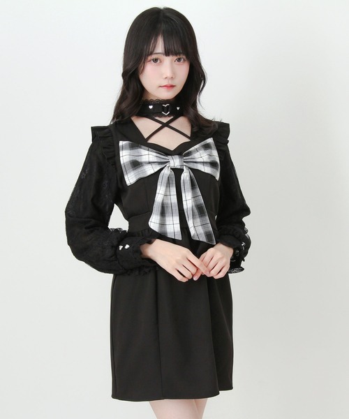 DearMyLove ワンピース ビッグリボンハートスタッズチョーカー風レース 