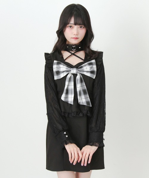 DearMyLove ワンピース ビッグリボンハートスタッズチョーカー風レース