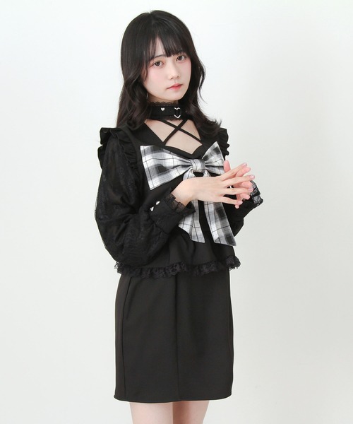 DearMyLove ワンピース ビッグリボンハートスタッズチョーカー風レース