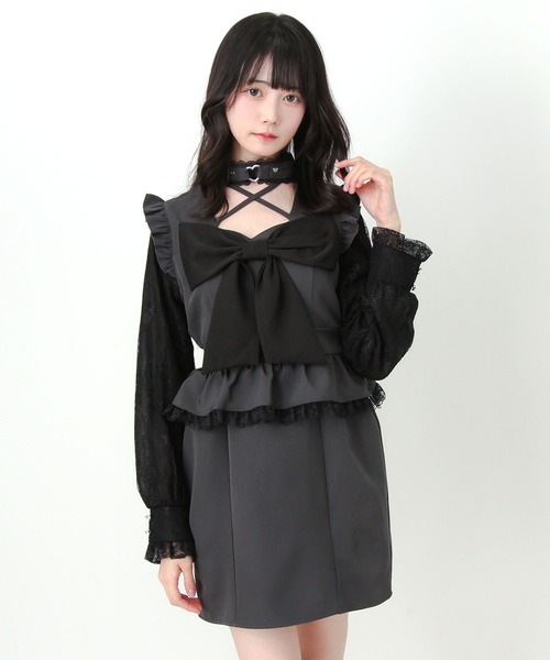 DearMyLove ワンピース ビッグリボンハートスタッズチョーカー風レース