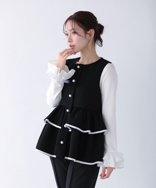 Fit more（フィットモア） ベスト ジレ バイカラーパイピングペプラム