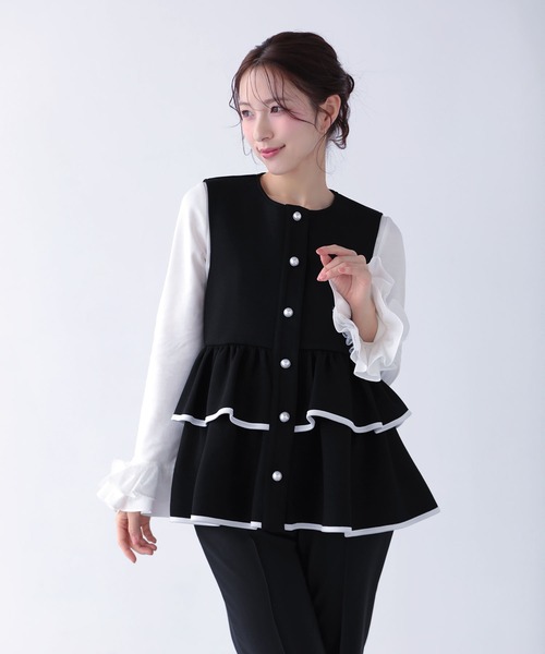 NOKO OHNO ジレ ベスト フリル ビジュー 黒 38 春 美品 M S Fit more（フィットモア） ベスト ジレ バイカラーパイピングペプラム