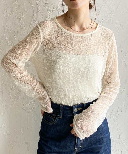 She's Closet tシャツ 長袖 クルーネック 透かし編み シアー レース